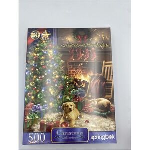 Springbok Puzzle 500 Christmas Morning Golden Retriever Puppy Cat Fireplace NEW!